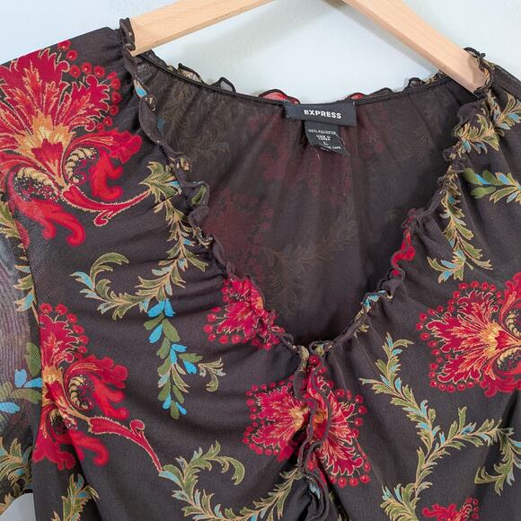 Y2K Express Mesh Top L Brown Red Floral Fairy Grunge Whimsigoth Ruffle Long Slv - Picture 5 of 11